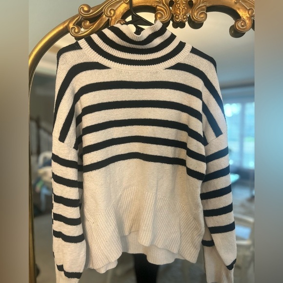 a new day Sweaters - Black and White Cowl Neck Sweater with Stripes
